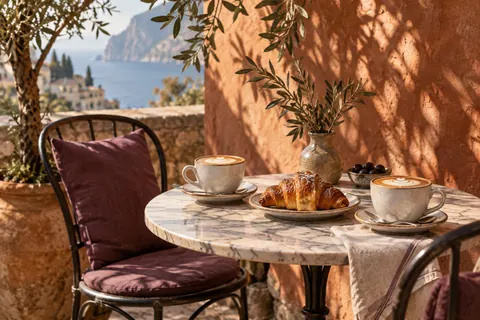 Two coffees waiting on a sunny café table